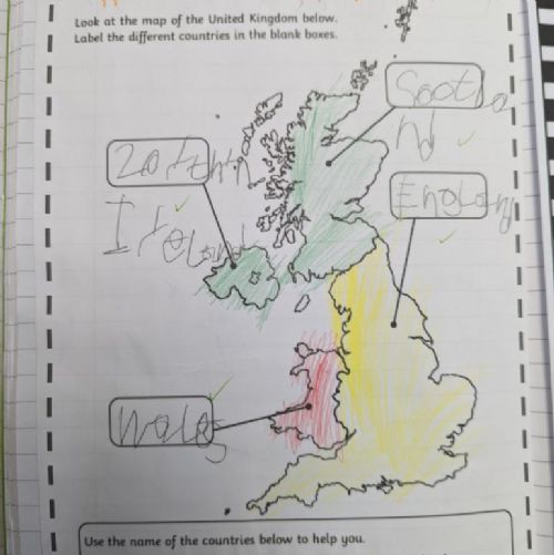 We used maps, globes and Google Earth to find out what countries are in the United Kingdom.