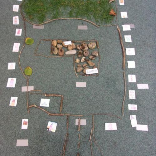 Our messy map of the school grounds.