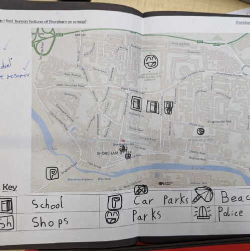 We used our mapping skills to locate human features of Shoreham.